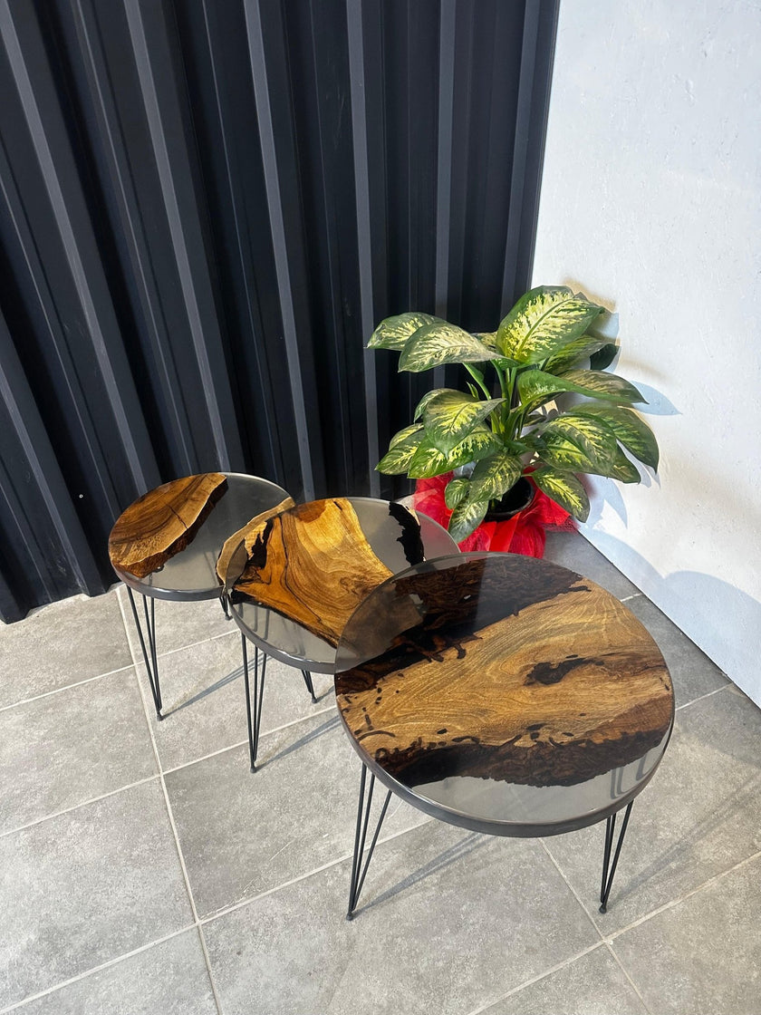 Coffee set Epoxide resin walnut wood - 3 unique pieces with a clear resin look - Elite Wood - Live edge dining table