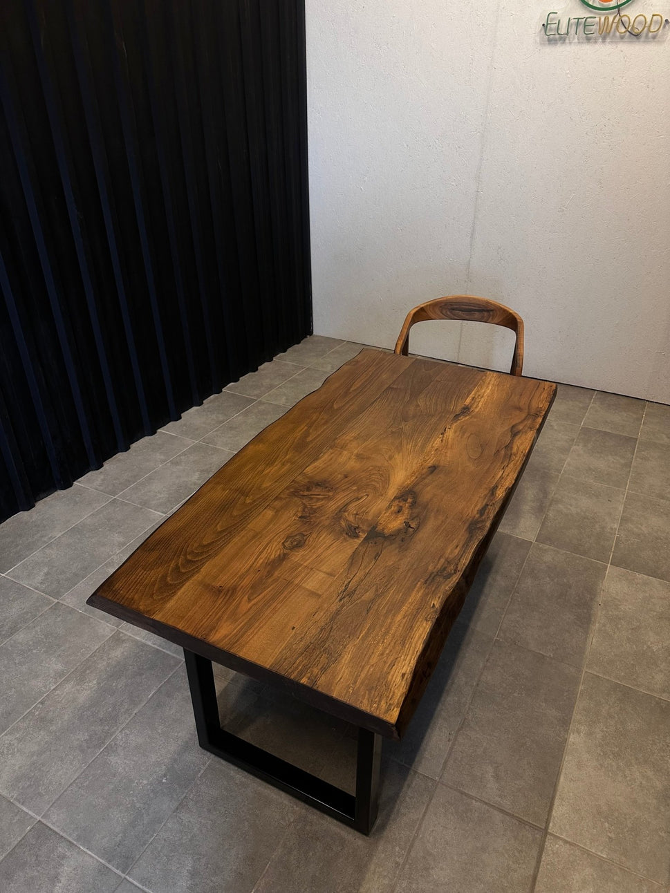 Dining table walnut solid wood-designer table with tree edge & steel frame