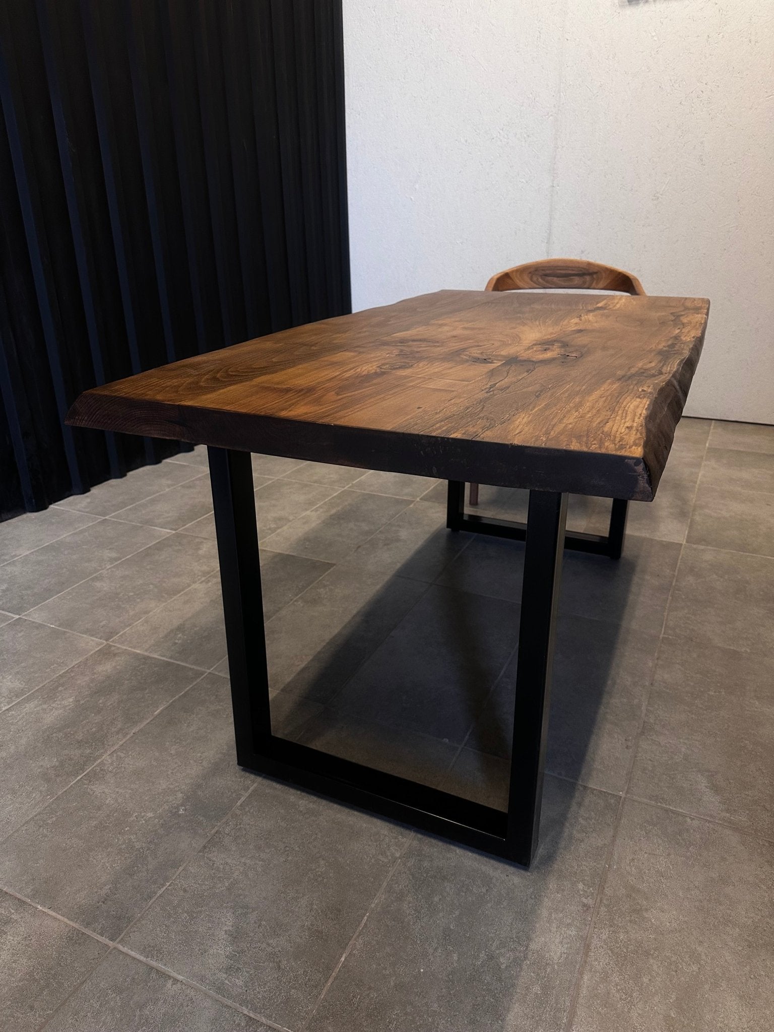 Dining table walnut solid wood-designer table with tree edge & steel frame