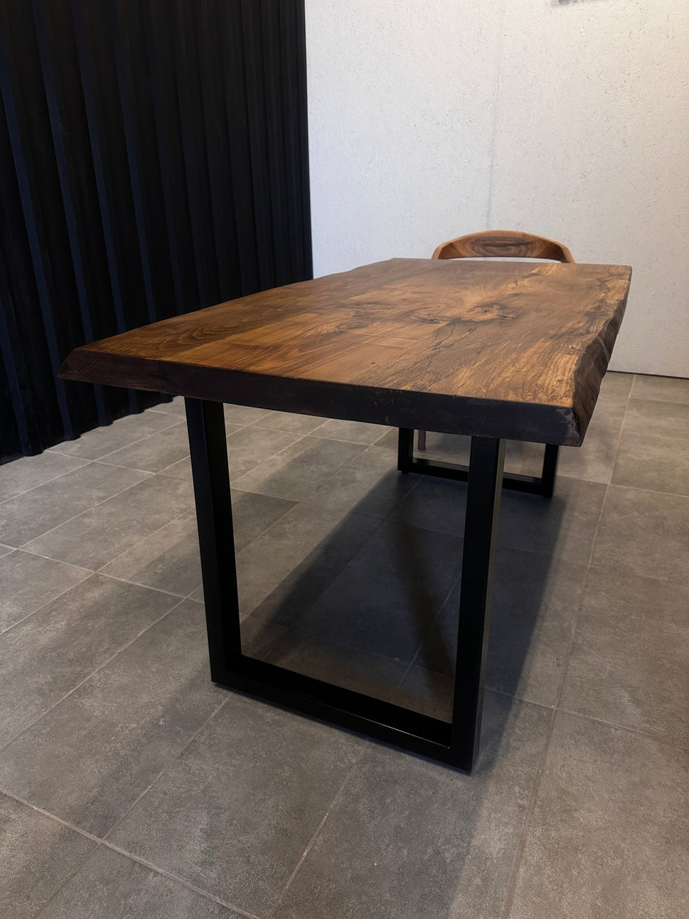 Dining table walnut solid wood-designer table with tree edge & steel frame