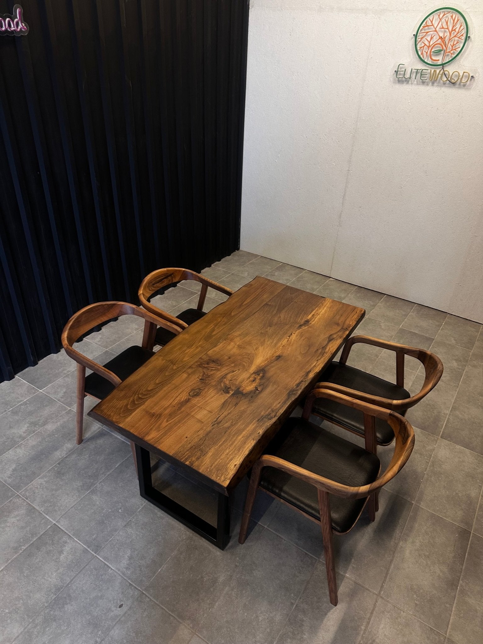 Dining table walnut solid wood-designer table with tree edge & steel frame