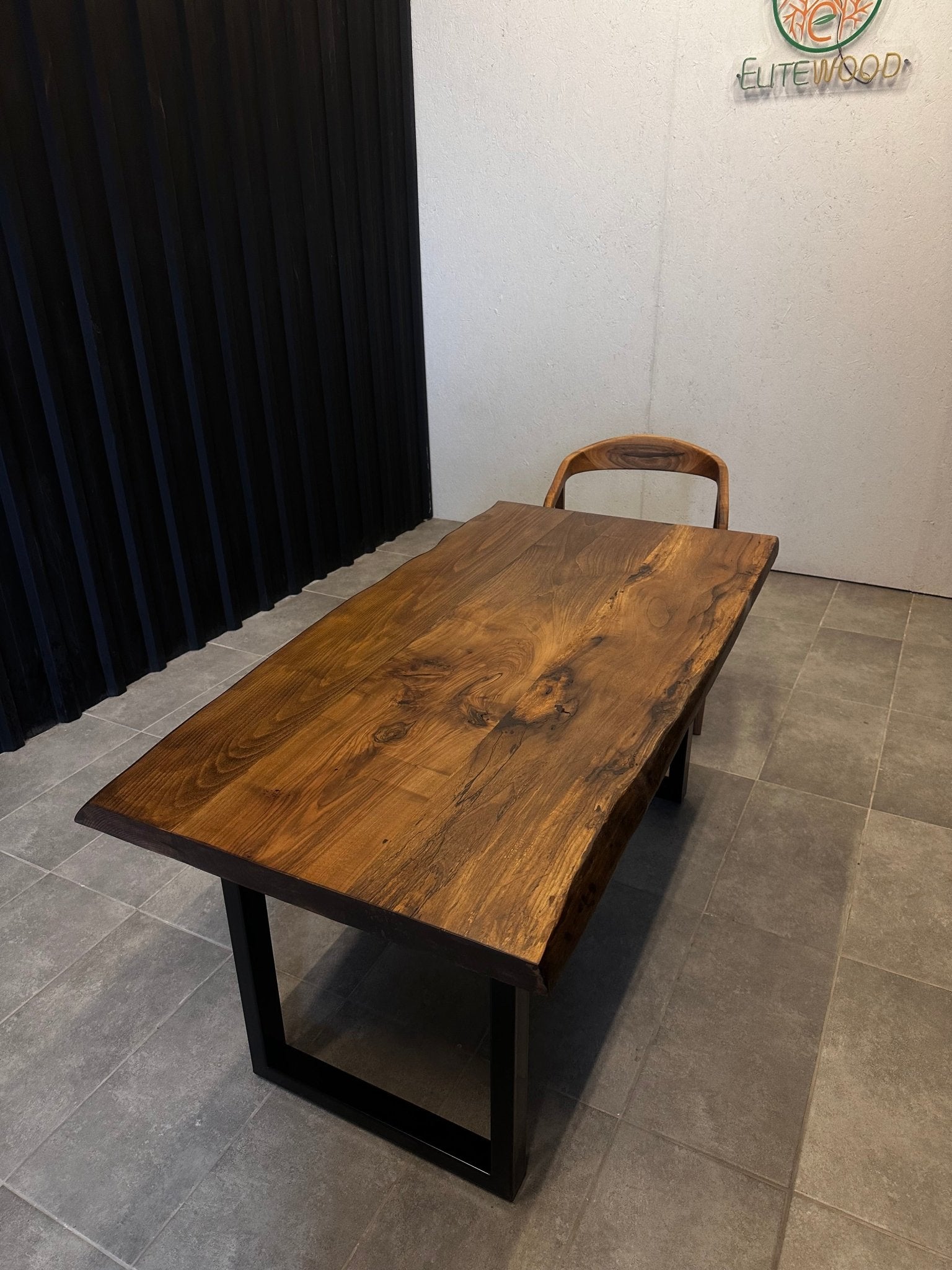 Dining table walnut solid wood-designer table with tree edge & steel frame