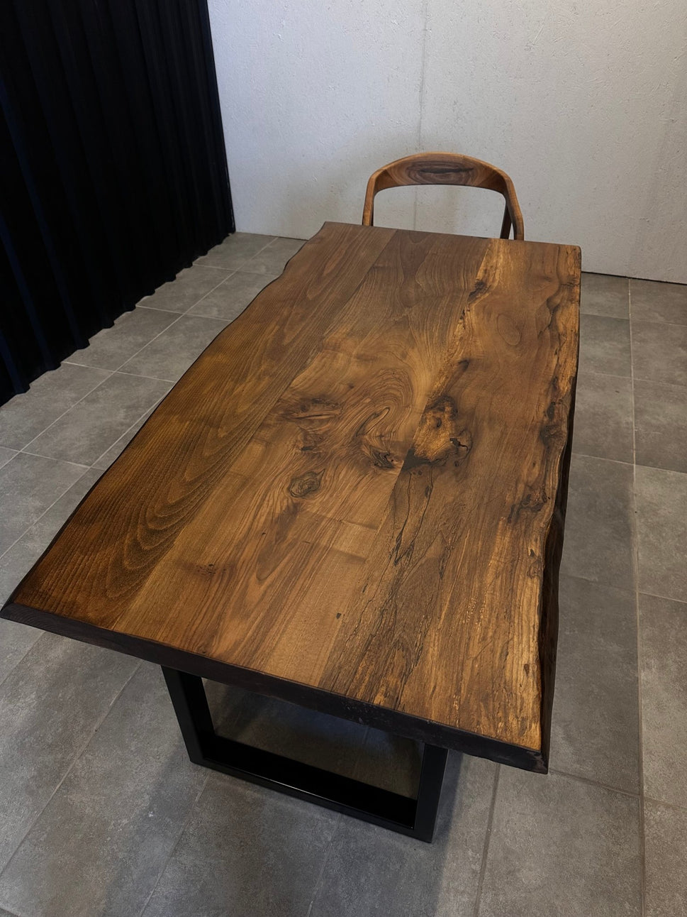 Dining table walnut solid wood-designer table with tree edge & steel frame
