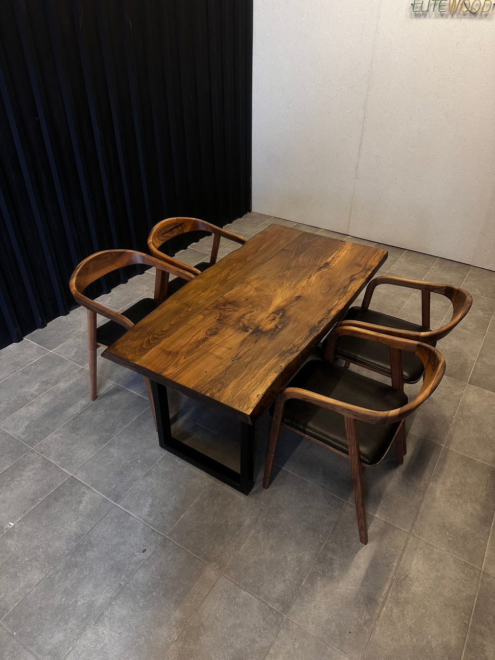 Dining table walnut solid wood-designer table with tree edge & steel frame