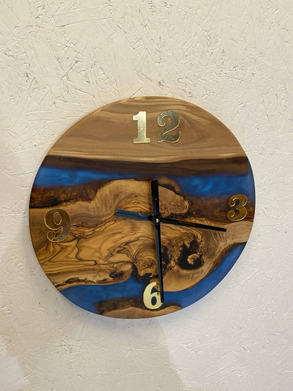 Epoxy Clock Blue with Golden Numerals – Wall Decoration Design