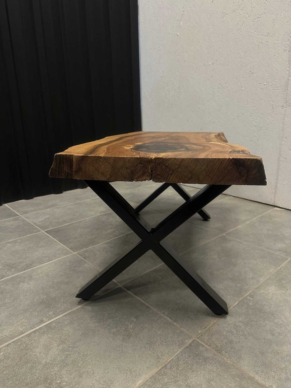 Live edge coffee table form oak 105 × 55 cm - natural edge & cross frame