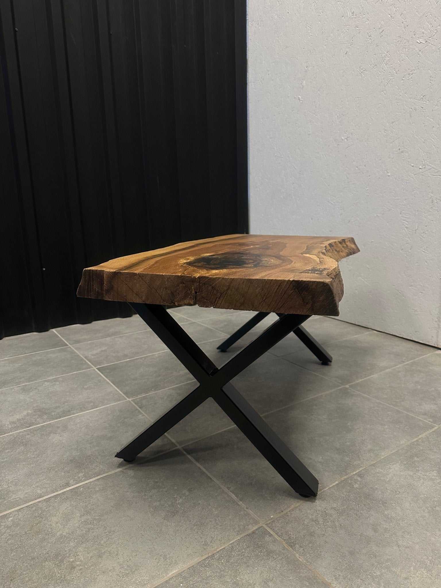 Live edge coffee table form oak 105 × 55 cm - natural edge & cross frame