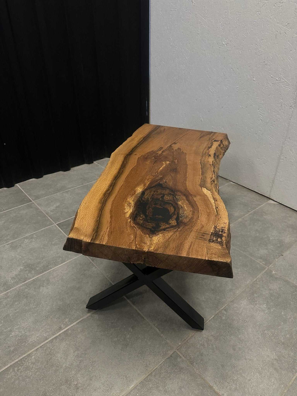 Live edge coffee table form oak 105 × 55 cm - natural edge & cross frame