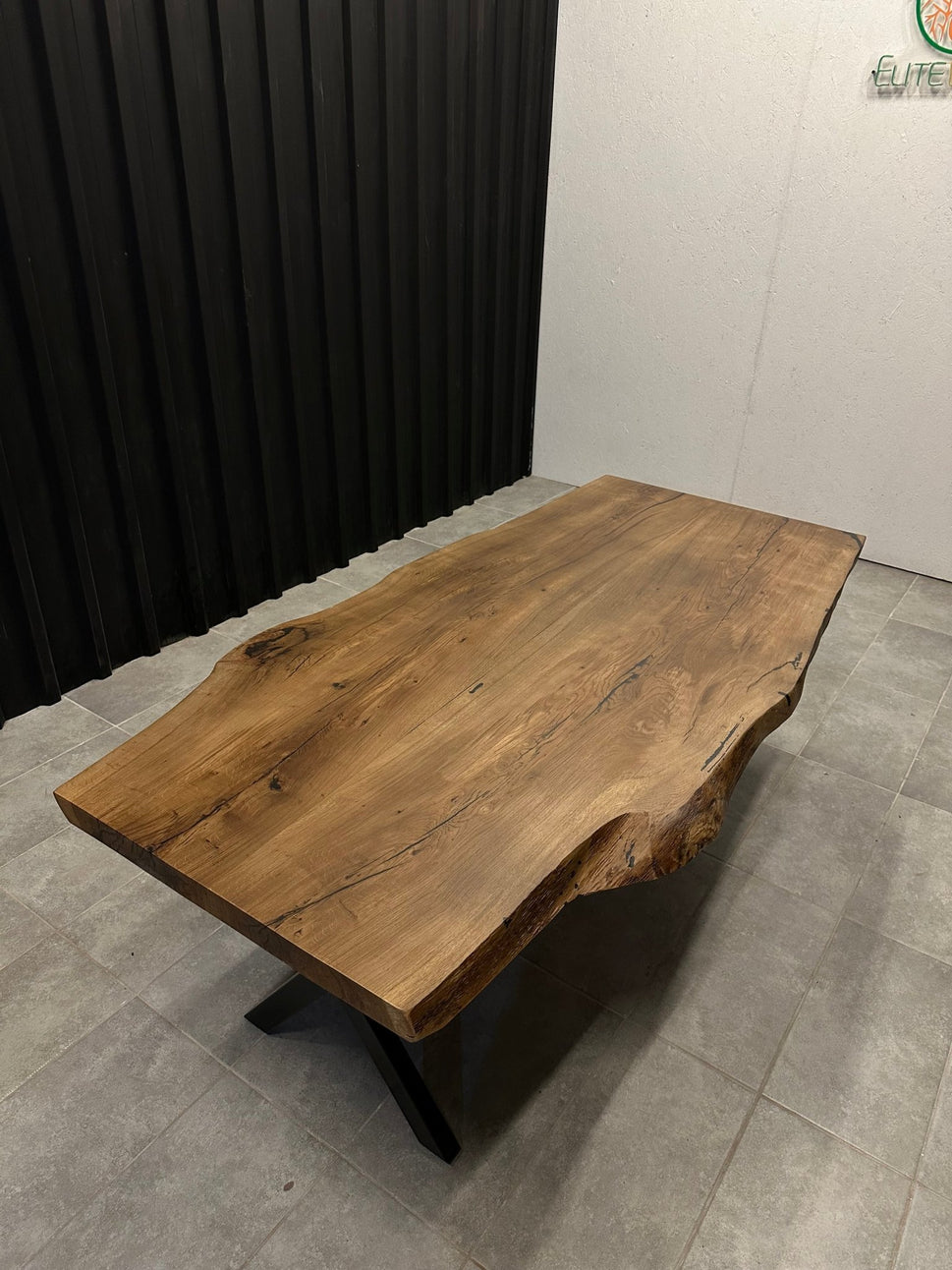 Live edge dining table oak solid wood - tree edge & black metal frame