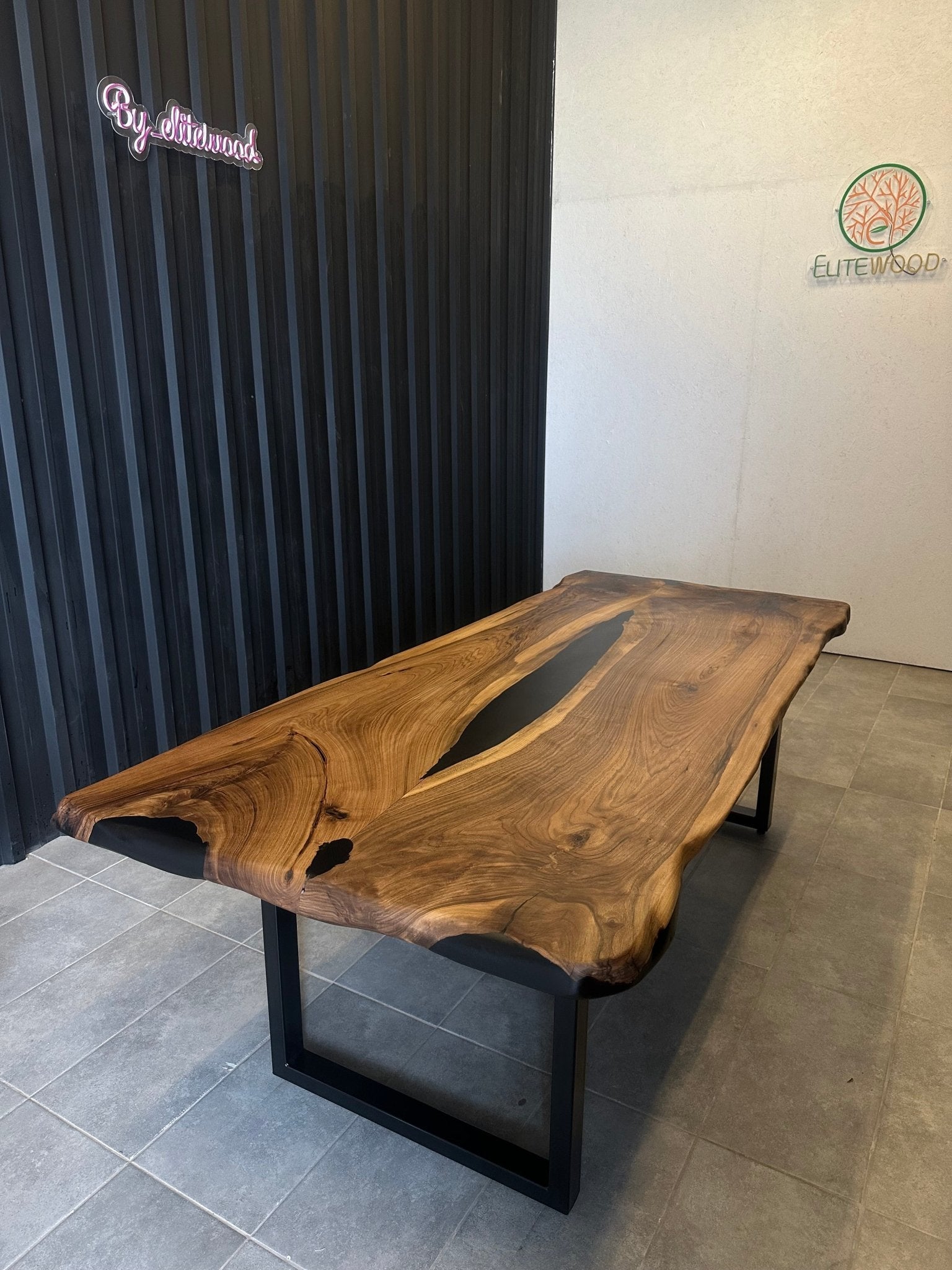 Live edge dining table walnut 240x110-handmade unique table with black river
