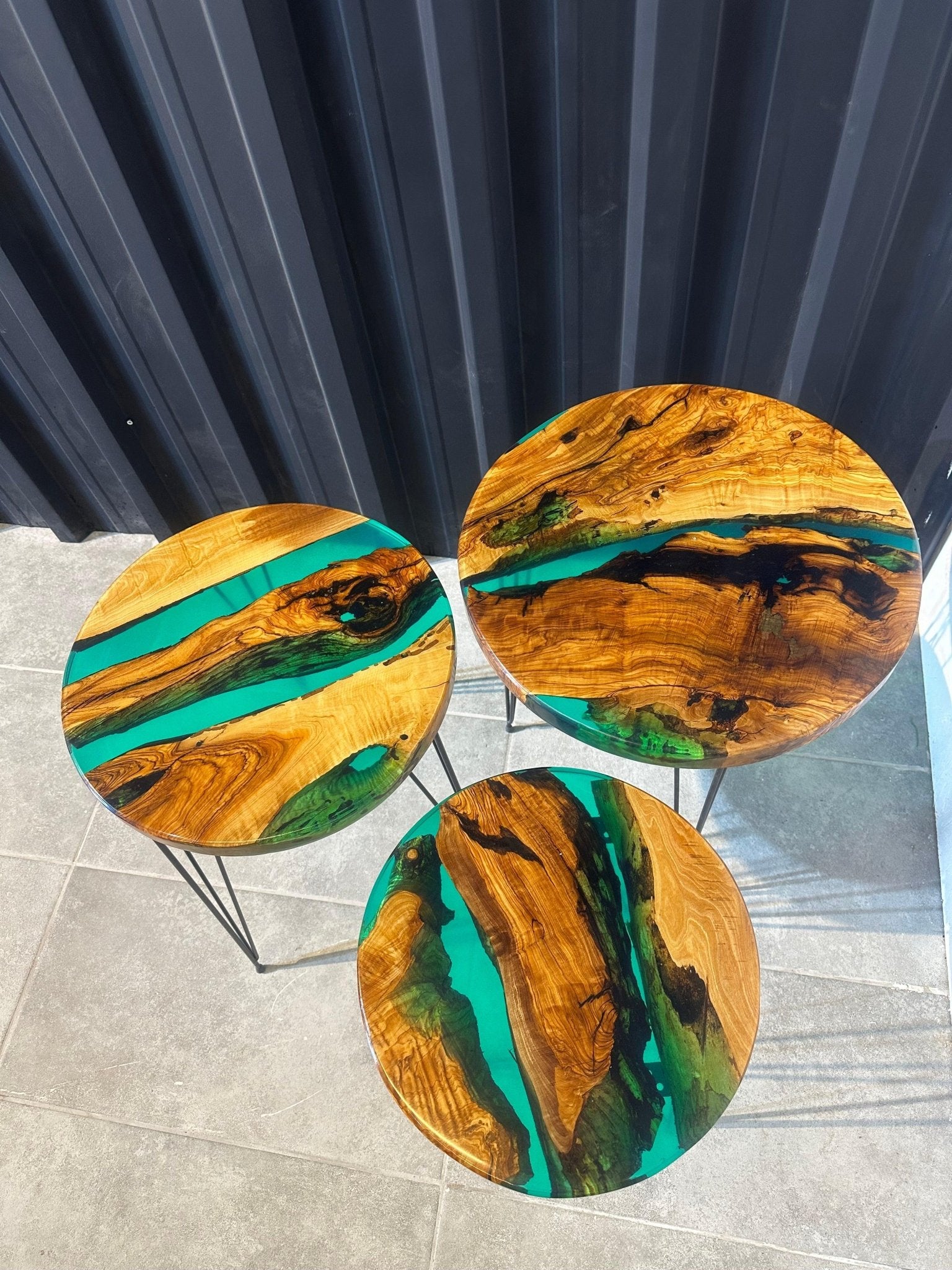 Live edge Side table-3 - olive wood tables with a green epoxy resin.