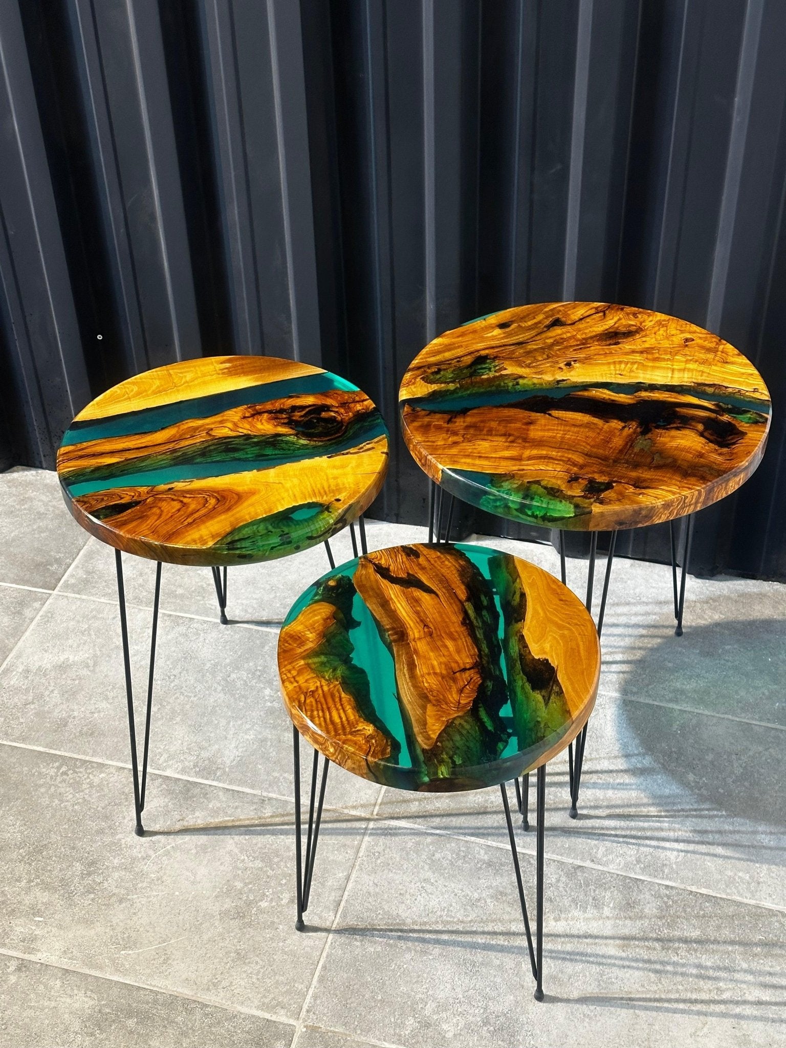 Live edge Side table-3 - olive wood tables with a green epoxy resin.