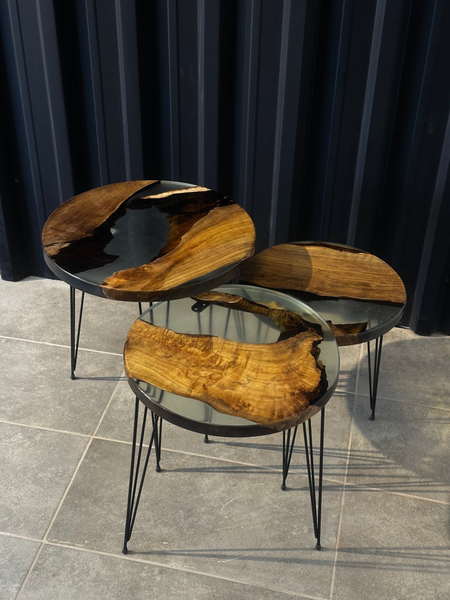 Side table set Epoxy resin walnut-3 designer tables with natural edge