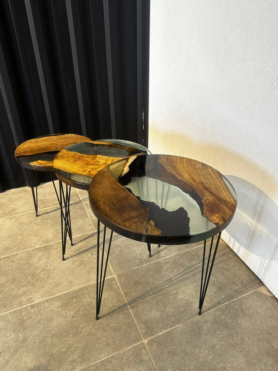 Side table set Epoxy resin walnut-3 designer tables with natural edge
