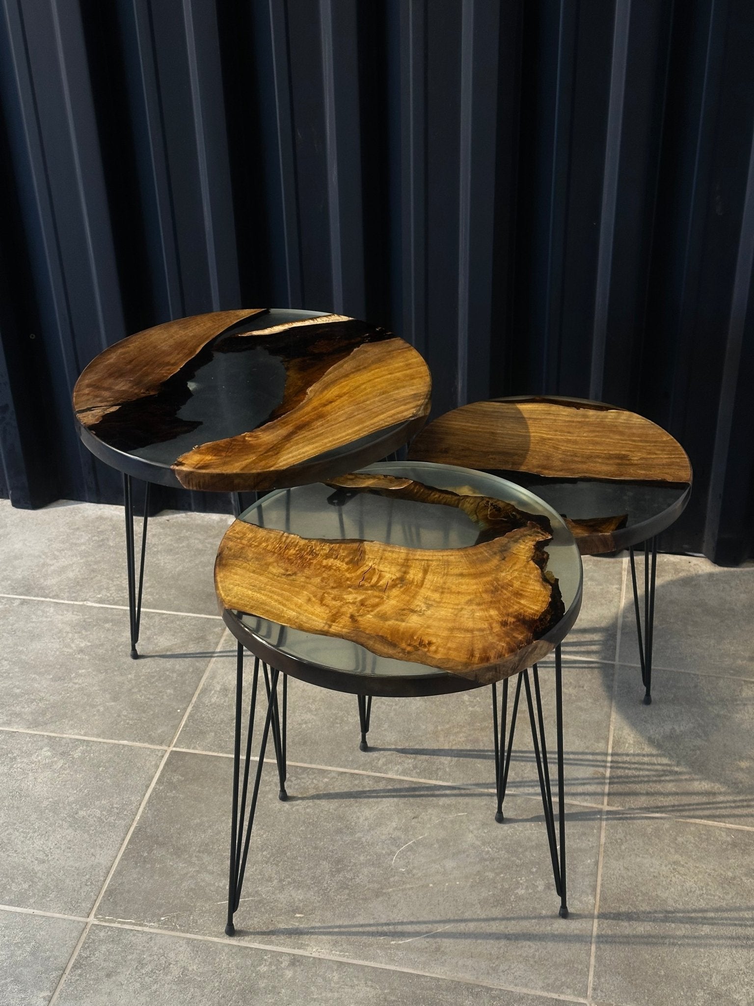Side table set Epoxy resin walnut-3 designer tables with natural edge