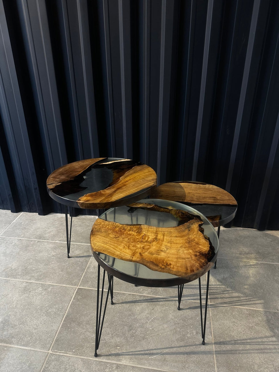 Side table set Epoxy resin walnut-3 designer tables with natural edge