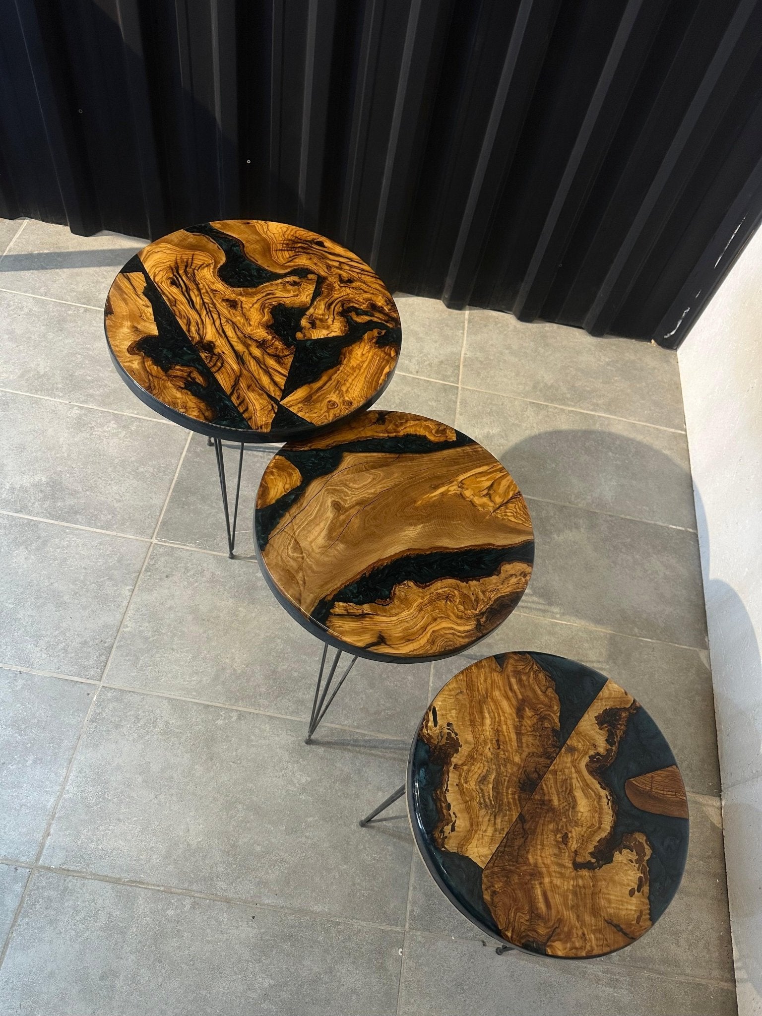 Side table set olive wood-3 handmade design tables with black resin
