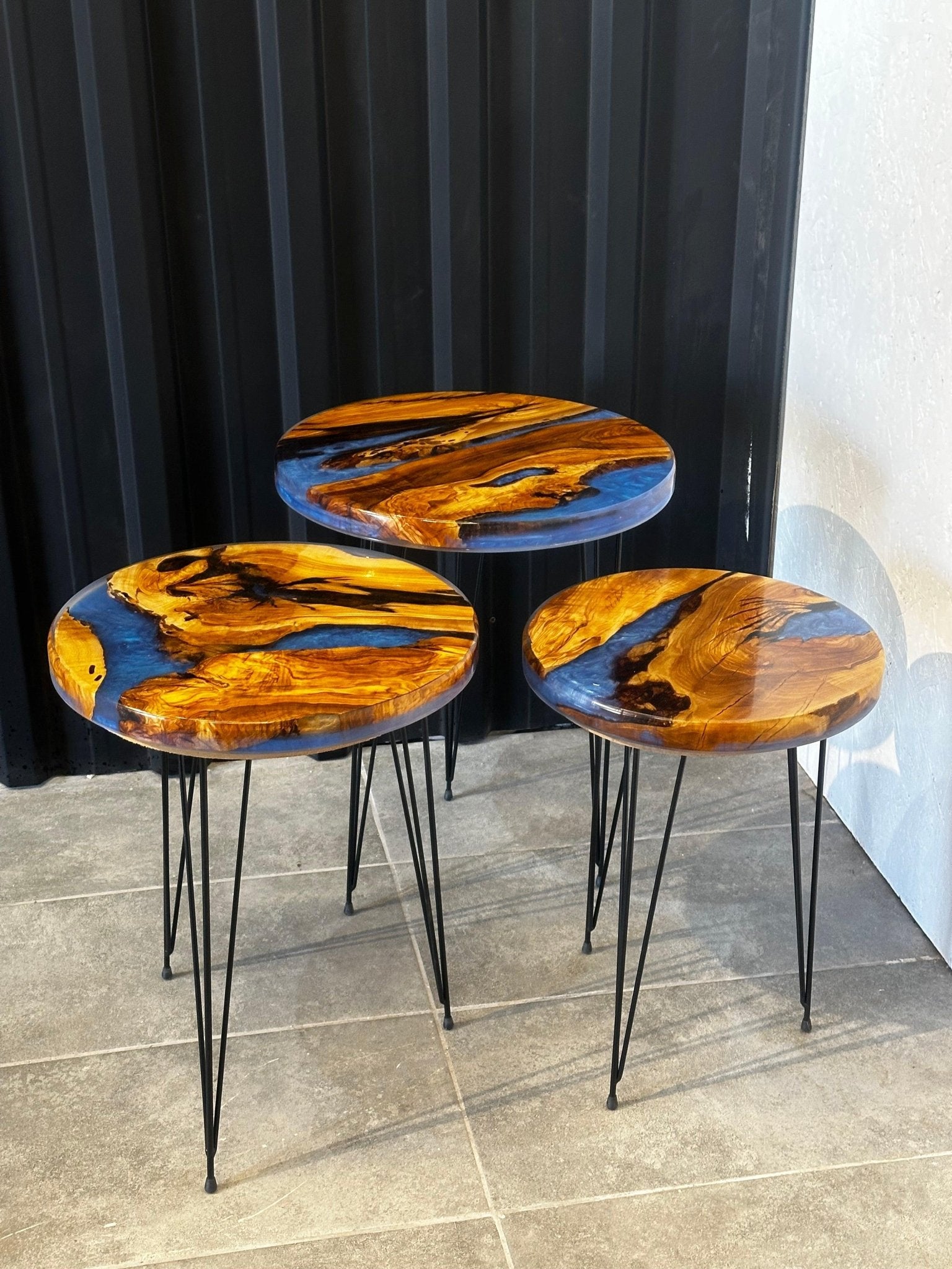 Side table set olive wood-3-seater table group with blue epoxy resin