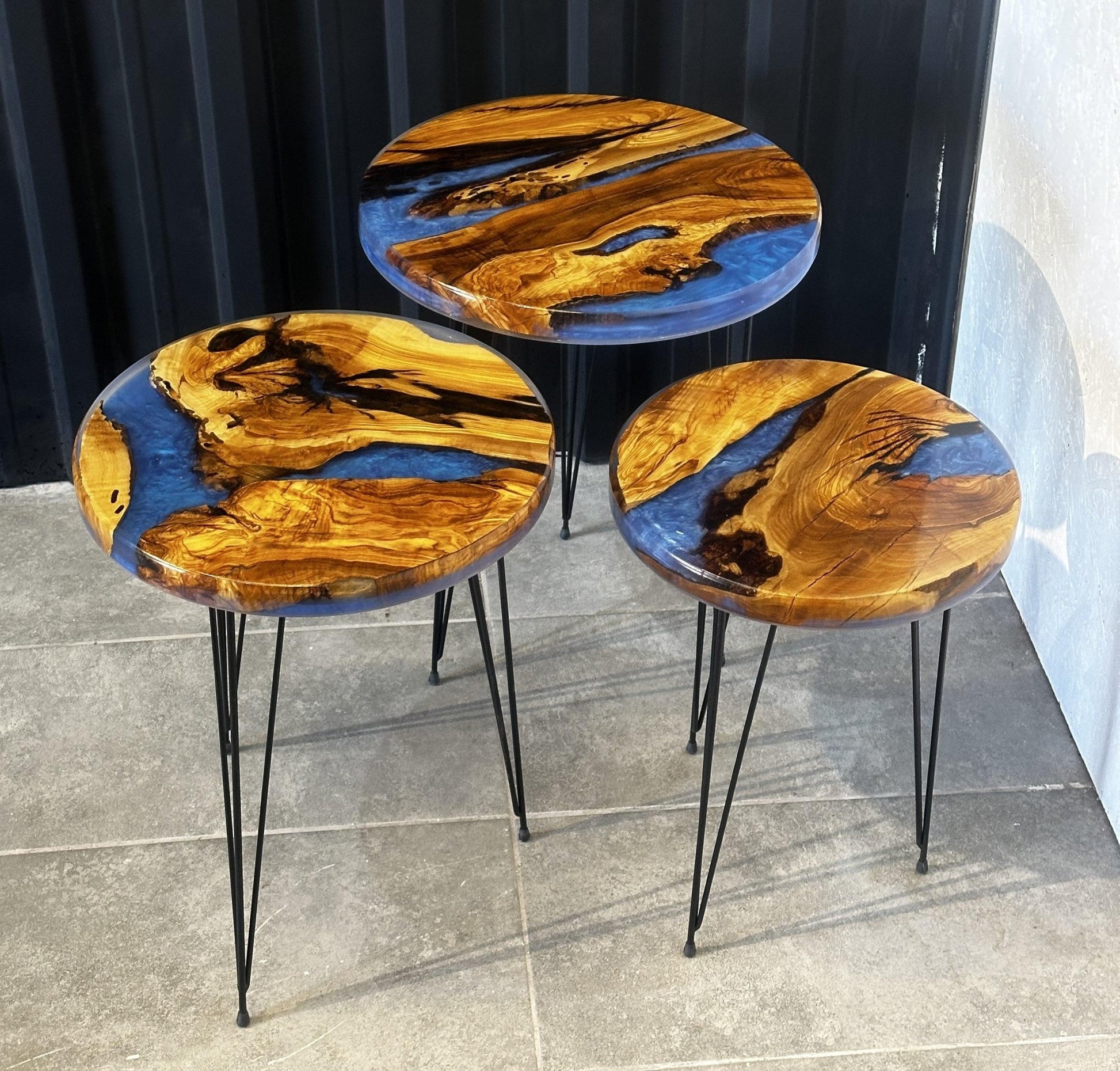 Side table set olive wood-3-seater table group with blue epoxy resin