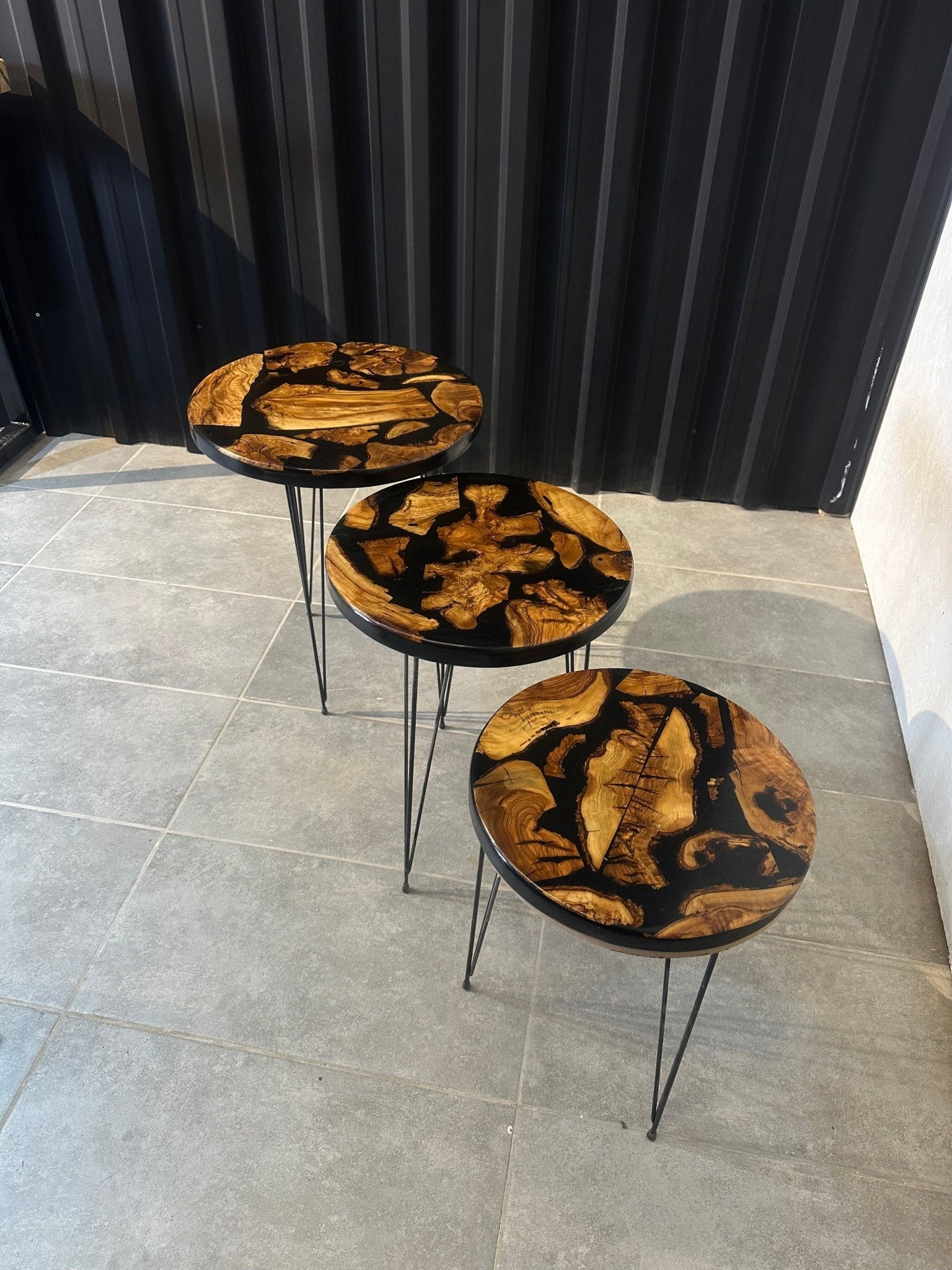 Side table set olive wood-3-series set designer tables with deep black epoxy resin