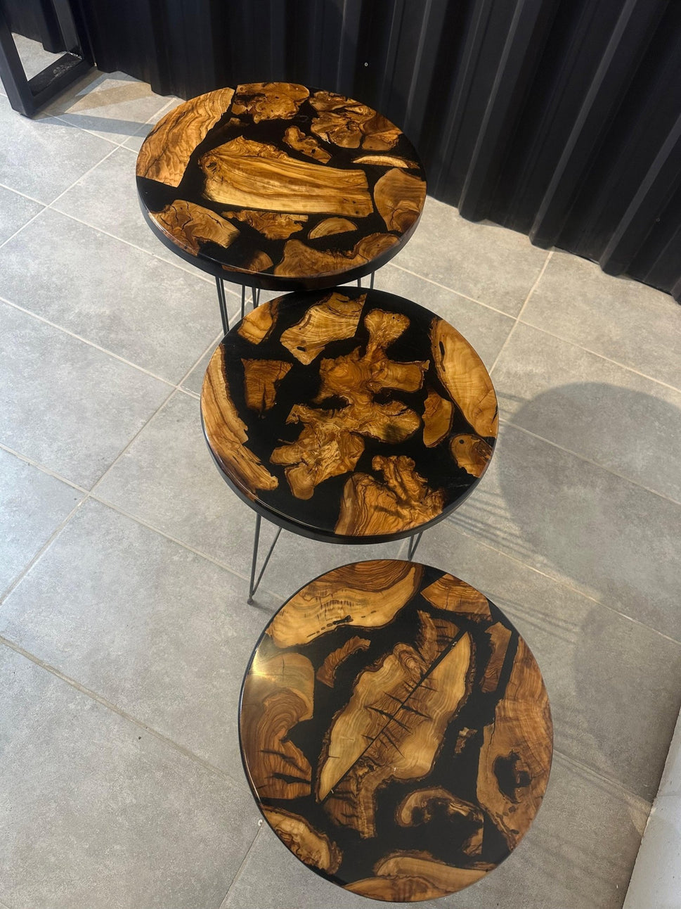 Side table set olive wood-3-series set designer tables with deep black epoxy resin