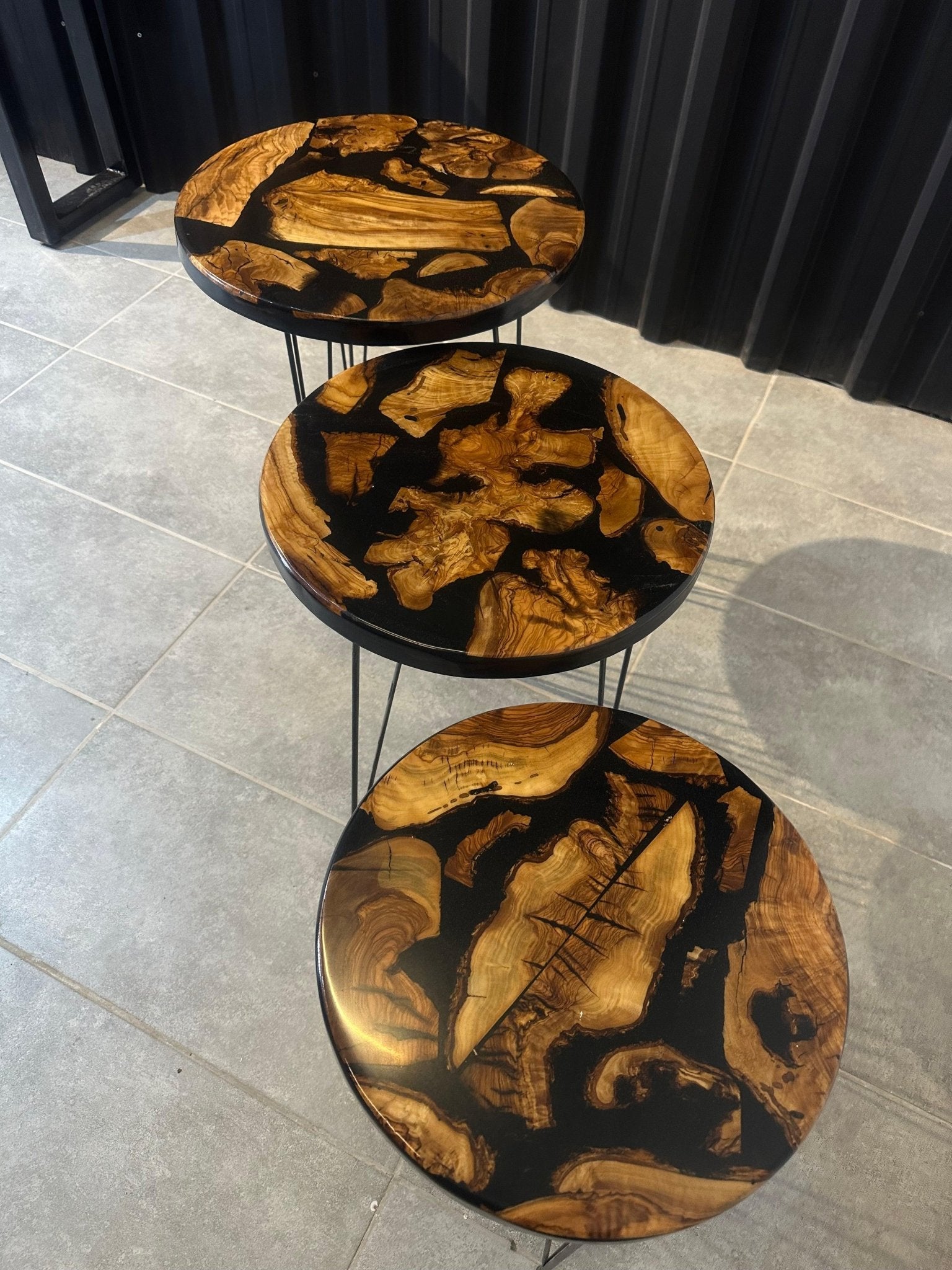 Side table set olive wood-3-series set designer tables with deep black epoxy resin