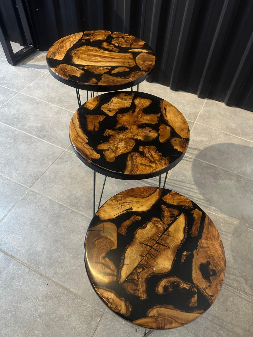 Side table set olive wood-3-series set designer tables with deep black epoxy resin