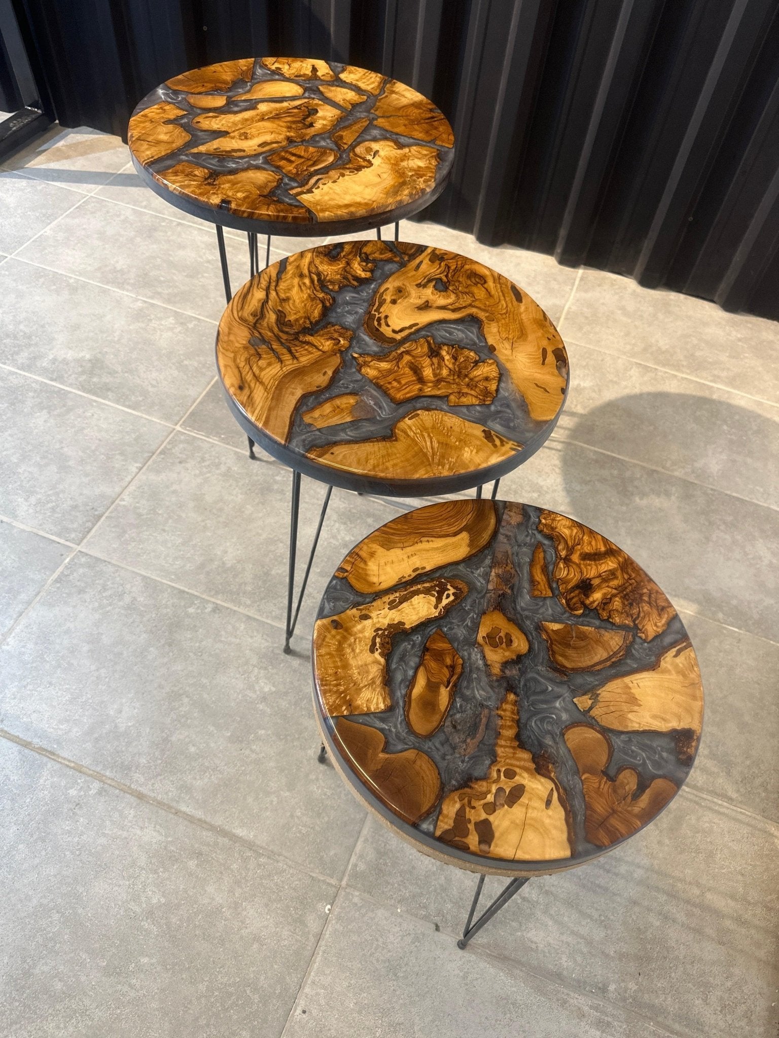 Side table set olive wood-designer table set with silver epoxy resin