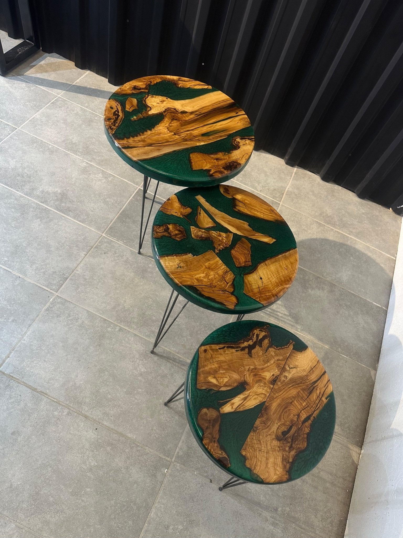 Side table set olive wood-handmade design tables with green epoxy resin