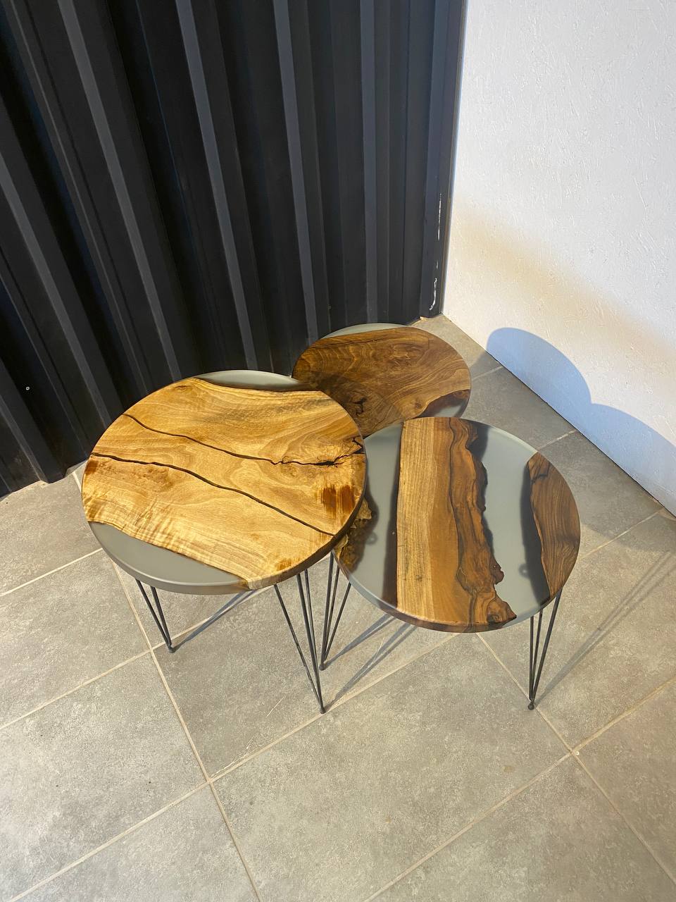 Side table set walnut wood-3 handmade tables with gray epoxy resin