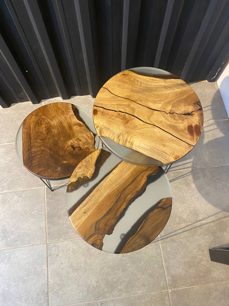 Side table set walnut wood-3 handmade tables with gray epoxy resin