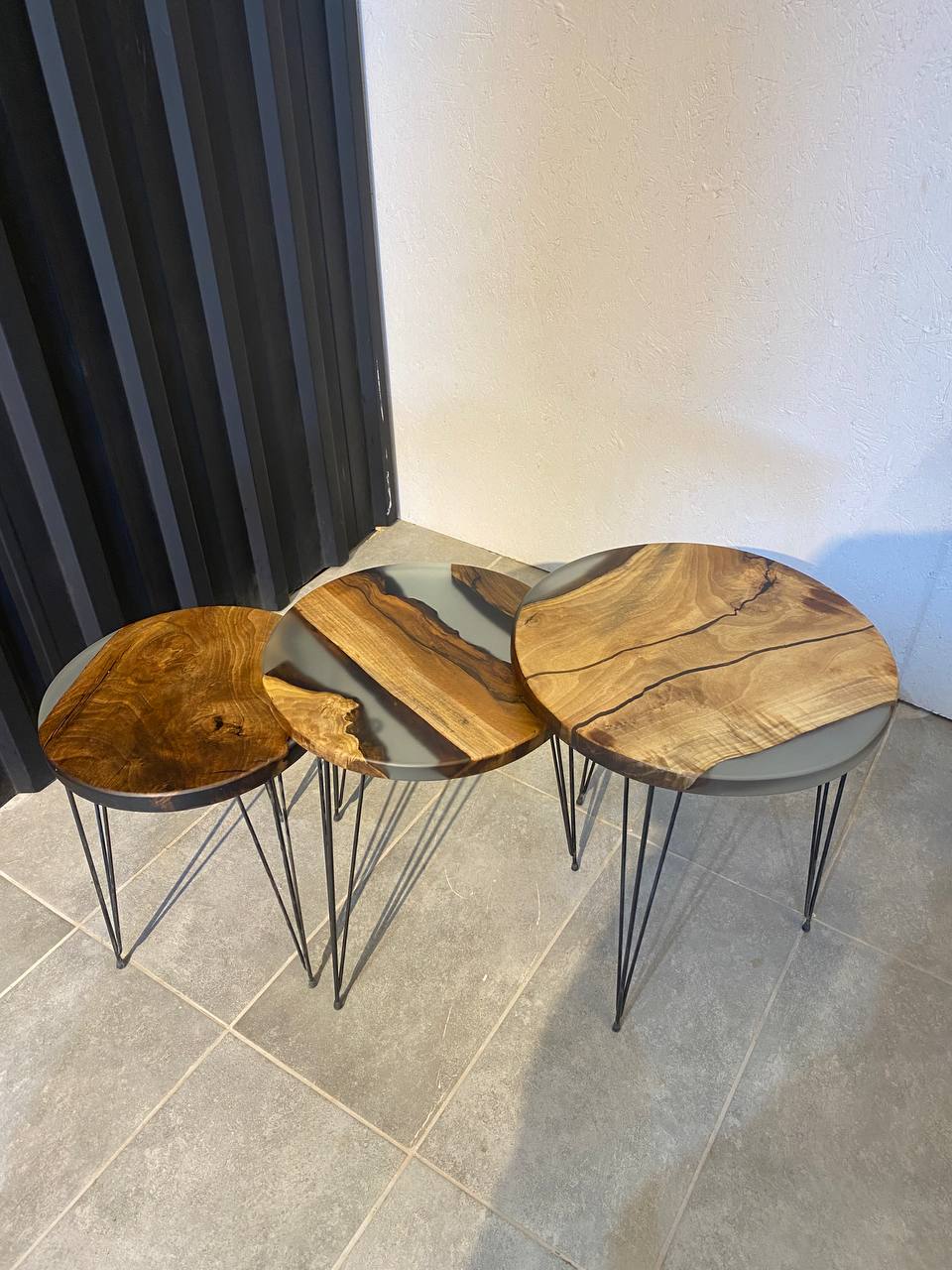 Side table set walnut wood-3 handmade tables with gray epoxy resin