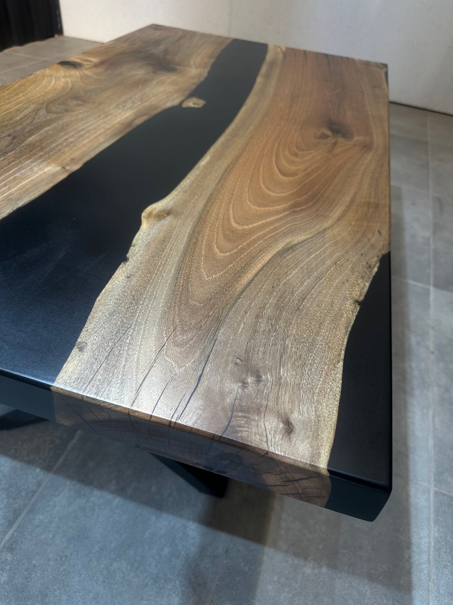 Walnut Coffee Table with Black Epoxy 120x65 cm – Handmade, with Metal Base