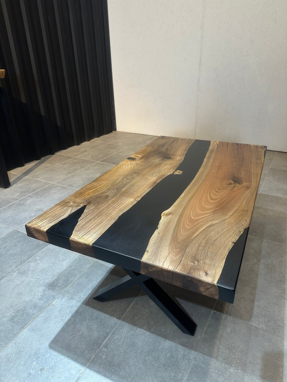 Walnut Coffee Table with Black Epoxy 120x65 cm – Handmade, with Metal Base