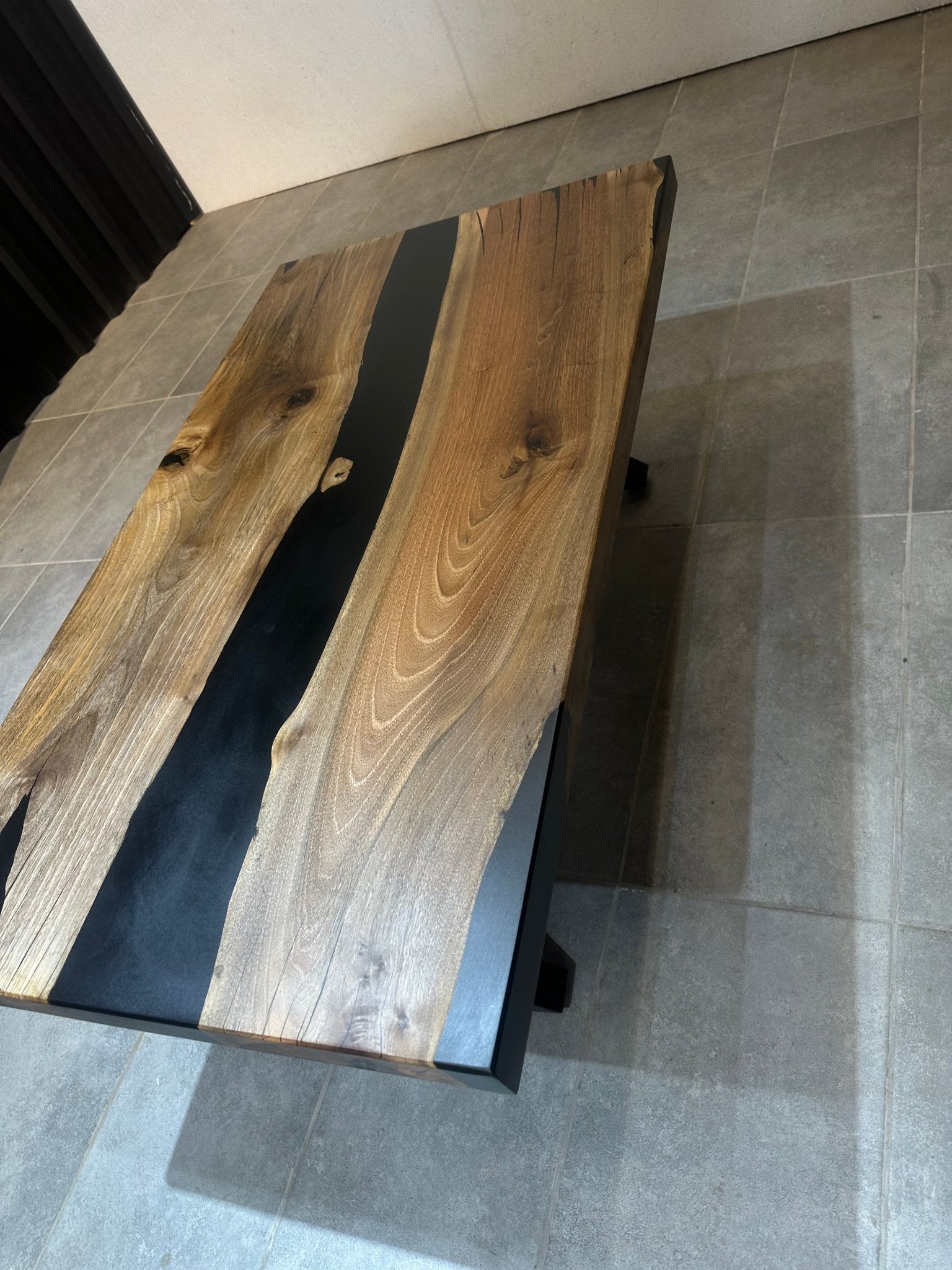 Walnut Coffee Table with Black Epoxy 120x65 cm – Handmade, with Metal Base