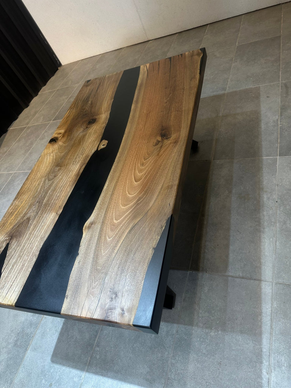 Walnut Coffee Table with Black Epoxy 120x65 cm – Handmade, with Metal Base