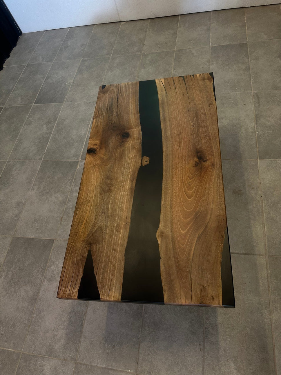 Walnut Coffee Table with Black Epoxy 120x65 cm – Handmade, with Metal Base