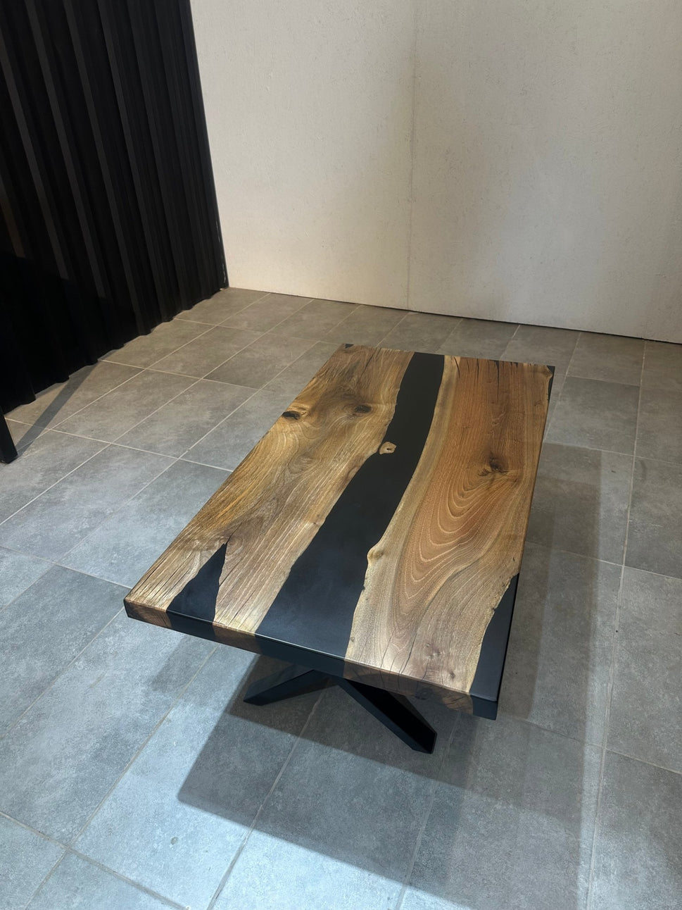 Walnut Coffee Table with Black Epoxy 120x65 cm – Handmade, with Metal Base