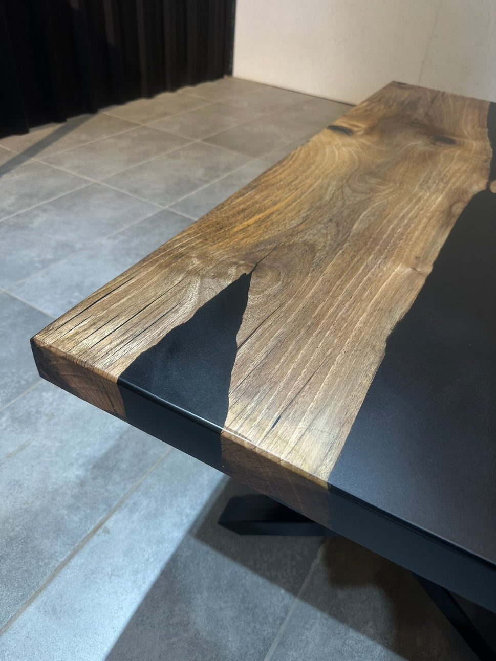 Walnut Coffee Table with Black Epoxy 120x65 cm – Handmade, with Metal Base