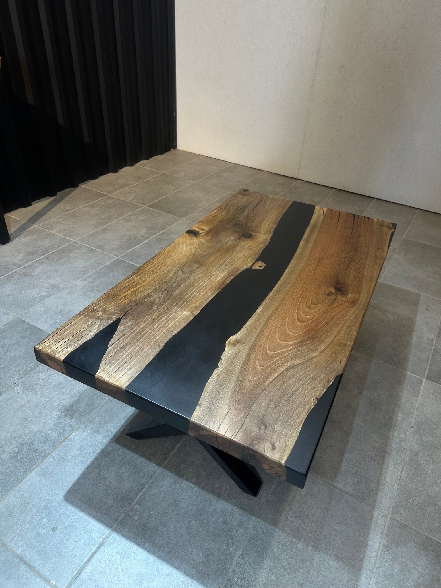 Walnut Coffee Table with Black Epoxy 120x65 cm – Handmade, with Metal Base