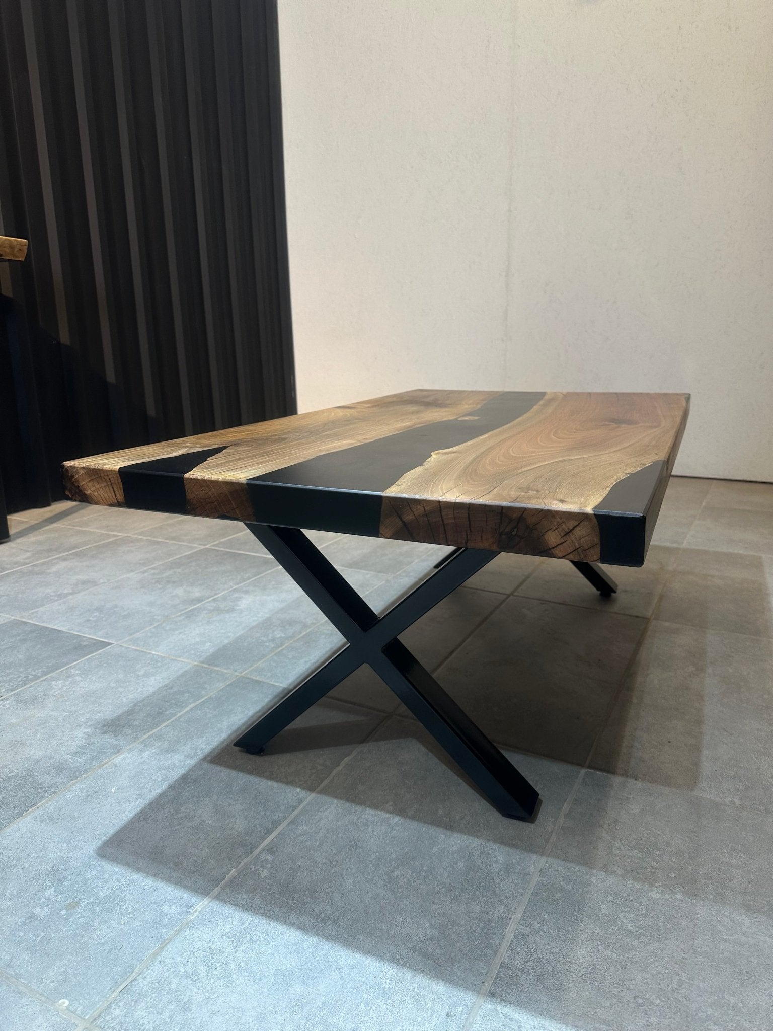 Walnut Coffee Table with Black Epoxy 120x65 cm – Handmade, with Metal Base