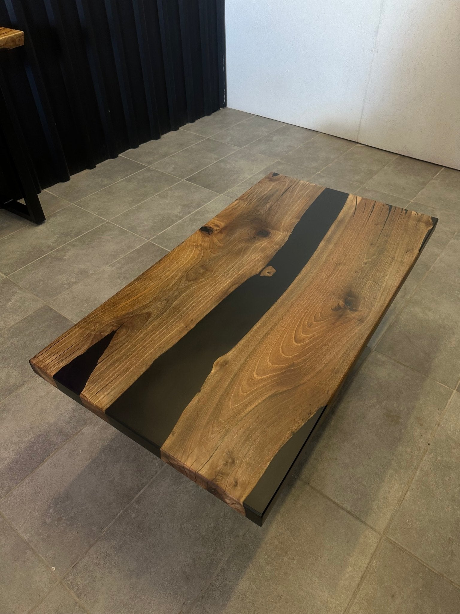 Walnut Coffee Table with Black Epoxy 120x65 cm – Handmade, with Metal Base